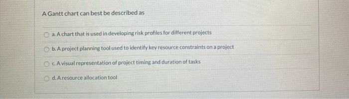A Gantt chart can best be described as a. A chart