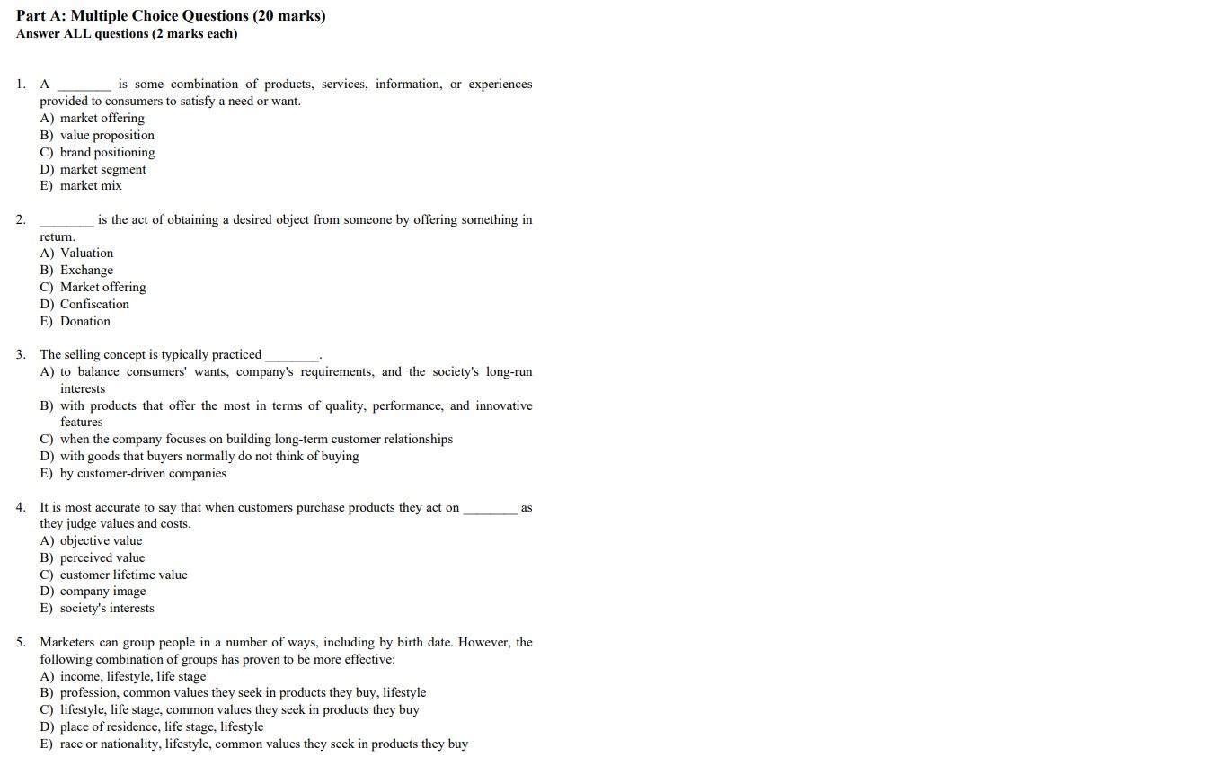 Part A: Multiple Choice Questions (20 marks)