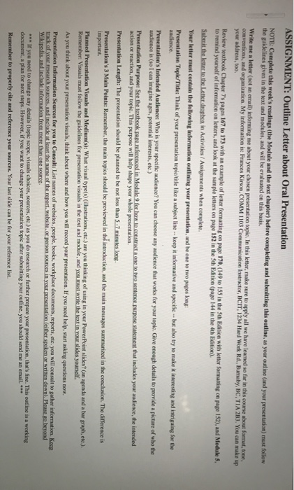 ASSIGNMENT: Outline Letter about Oral