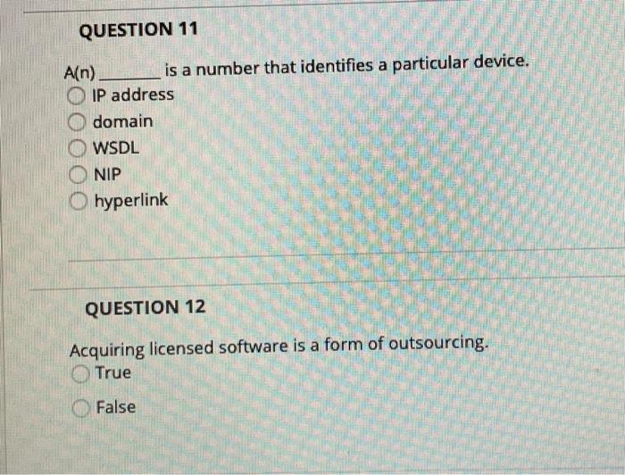QUESTION 11 A(n) is a number that identifies a