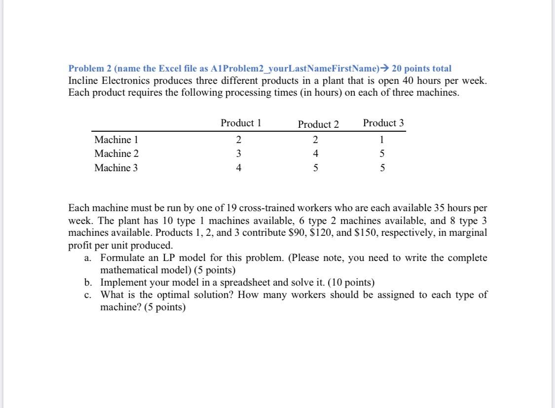 Problem 2 (name the Excel file as A1