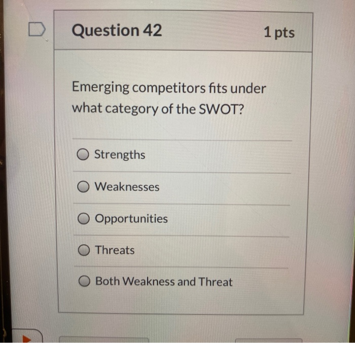 Question 42 1 pts Emerging competitors fits under