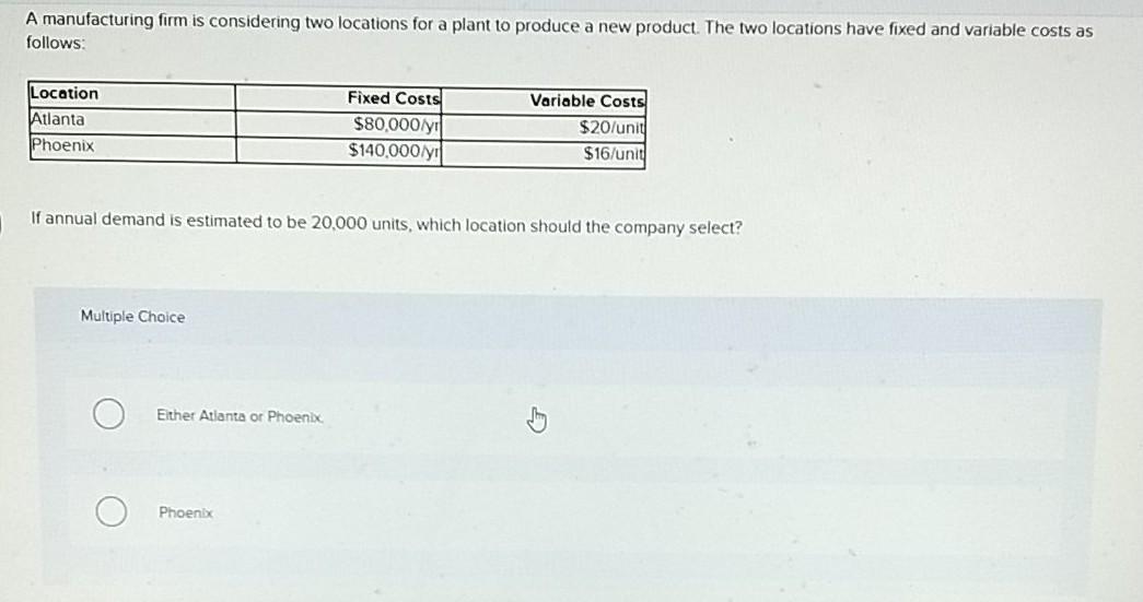 A manufacturing firm is considering two locations