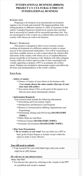 INTERNATIONAL BUSINESS (BBB4M) PROJECT # 3: