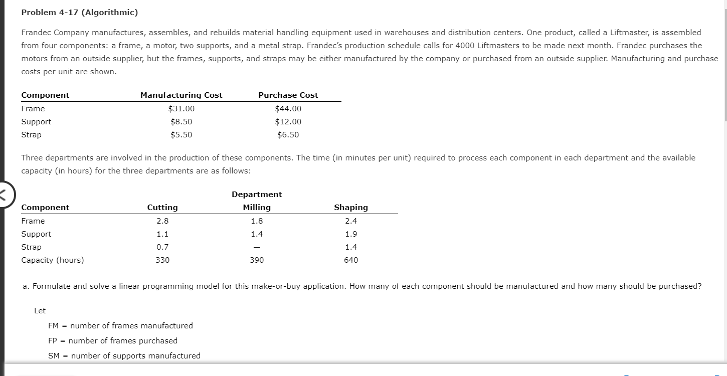 Problem 4-17 (Algorithmic) Frandec Company