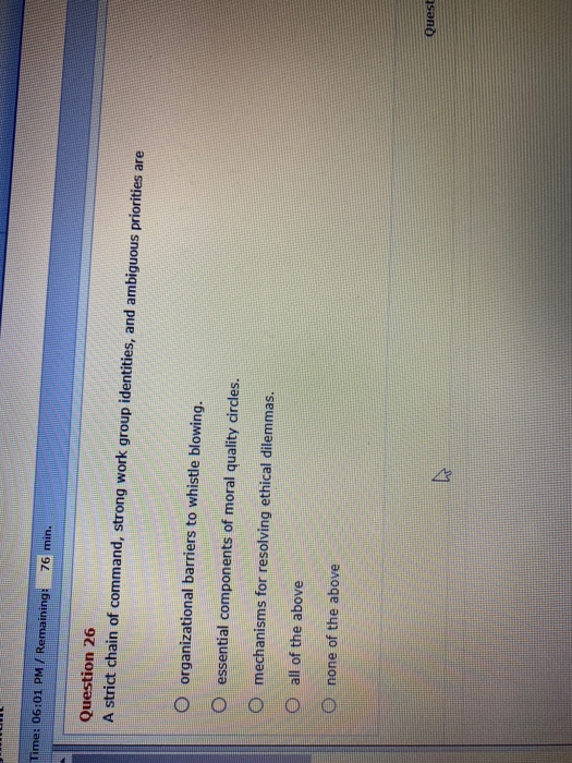 Time: 06:01 PM / Remaining: 76 min. Question 26 A