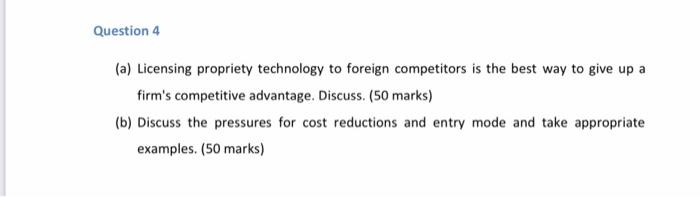 Question 4 (a) Licensing propriety technology to