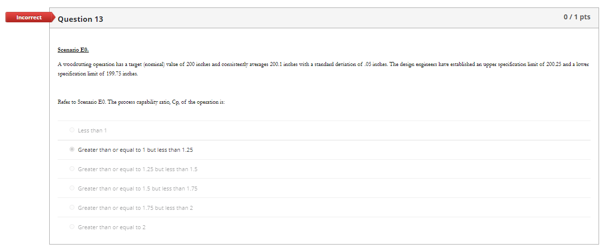 Incorrect Question 13 0/1 pts Scenario EO. A