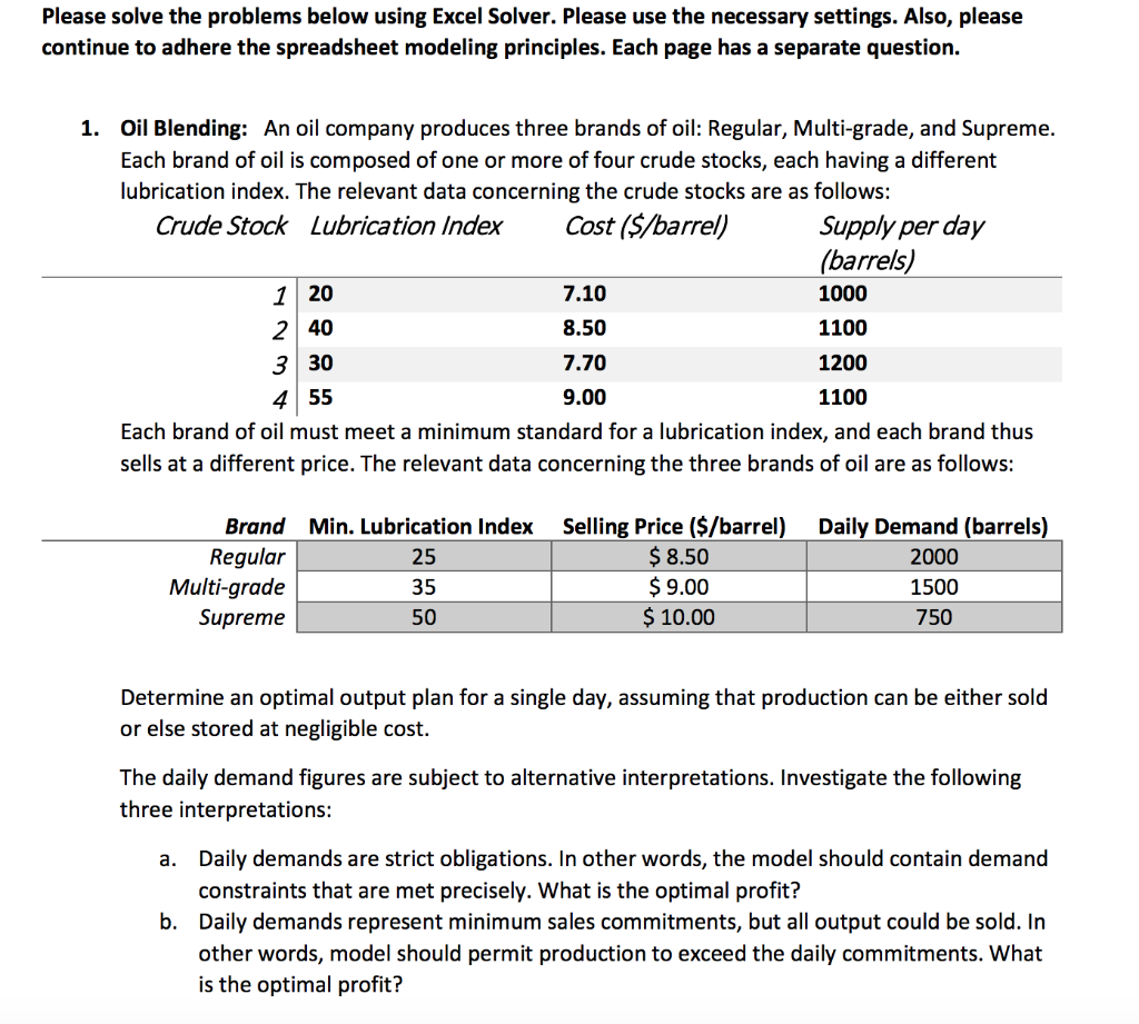 Please solve the problems below using Excel