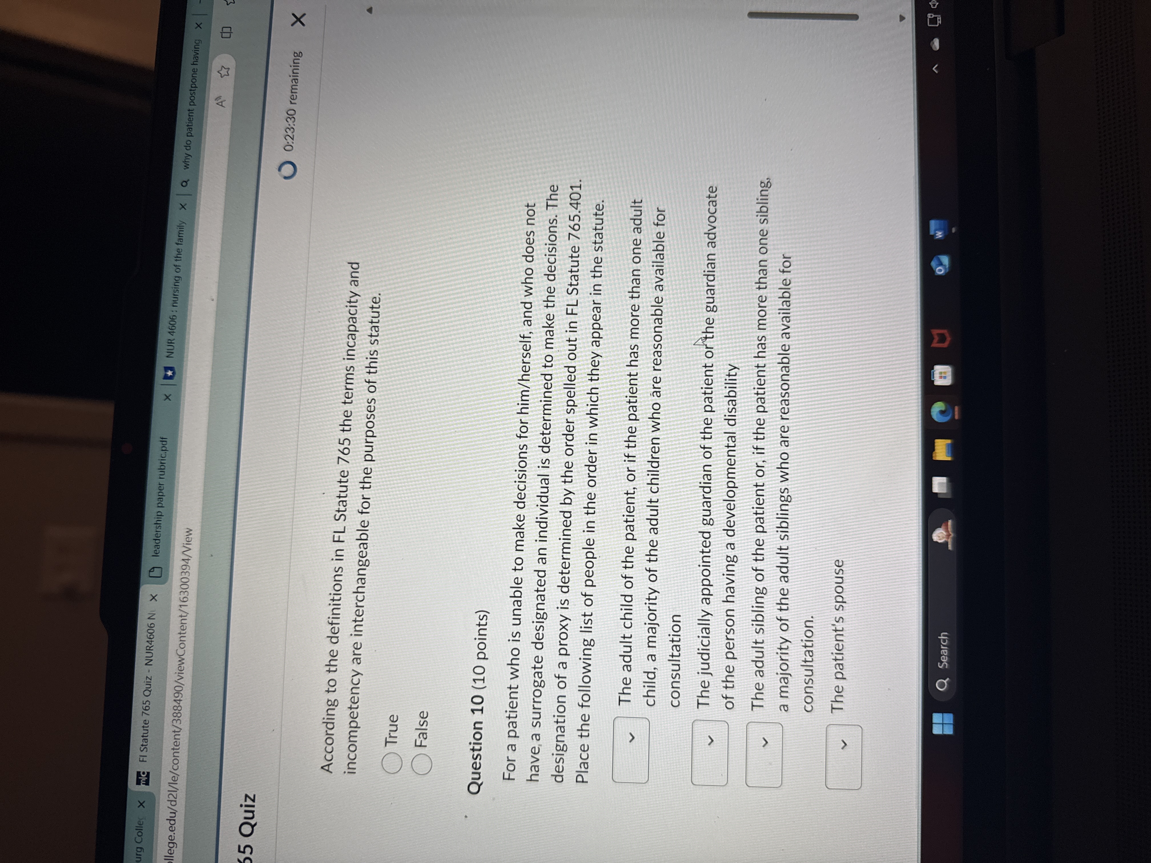 urg College X mc FI Statute 765 Quiz - NUR4606 N