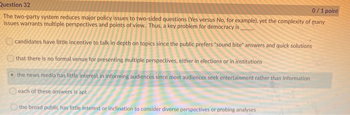 Question 32 0/1 point The two-party system