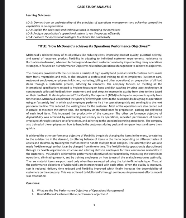 CASE STUDY ANALYSIS Learning Outcomes: LO-1: