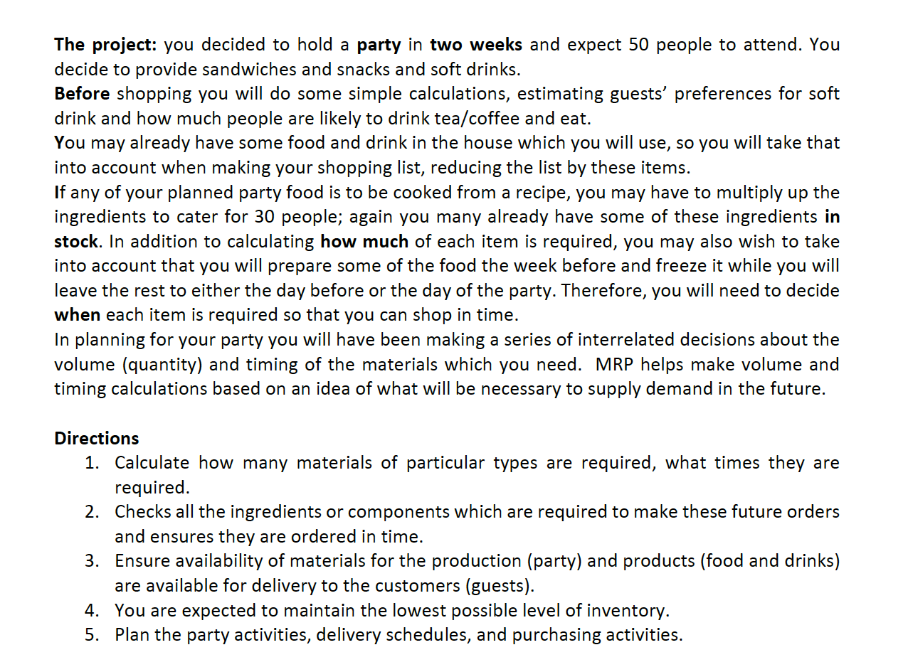 The project: you decided to hold a party in two