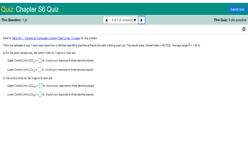 Submit Quiz Quiz: Chapter S6 Quiz This Question: