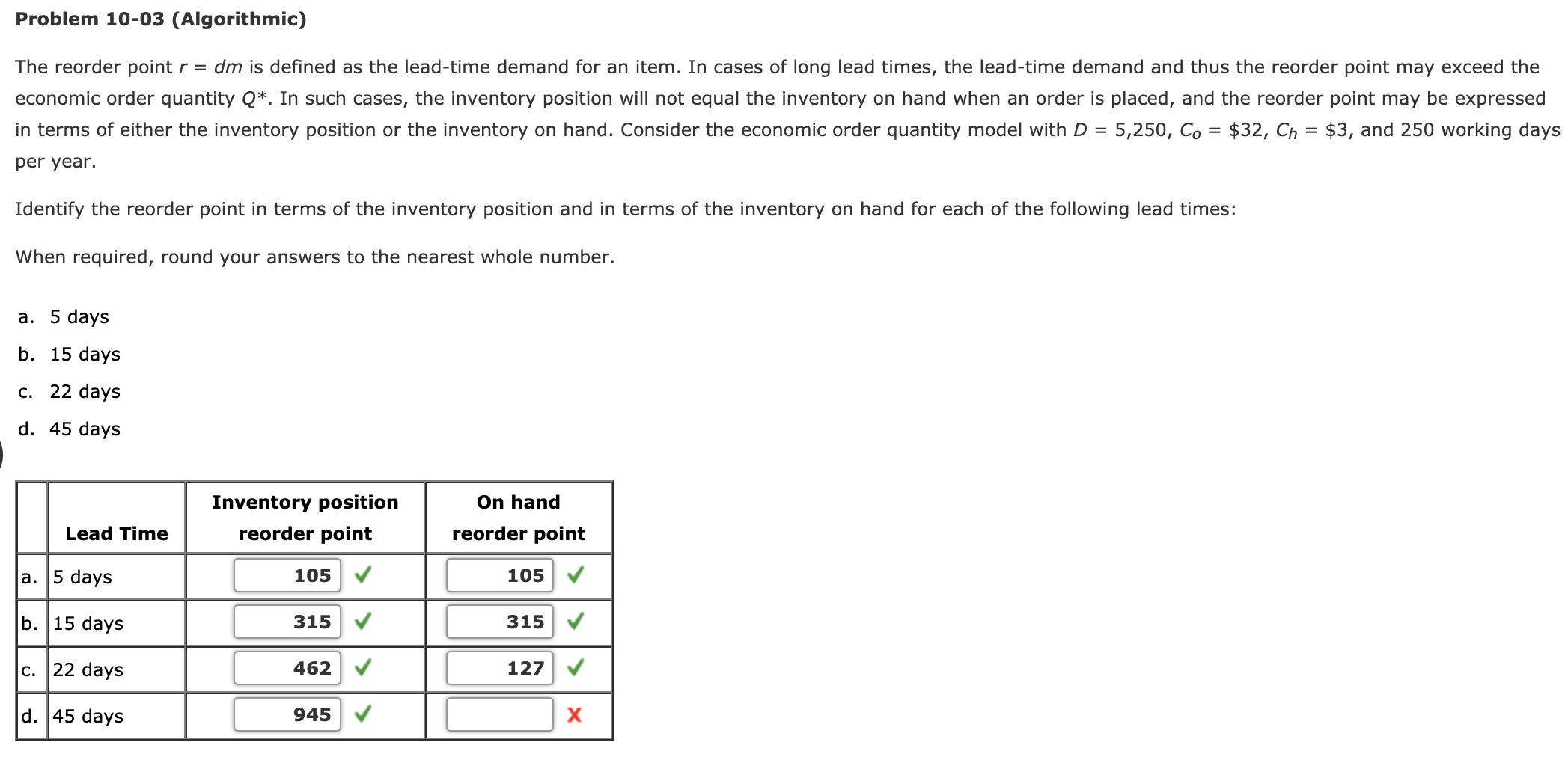 Problem 10-03 (Algorithmic) The reorder point r =