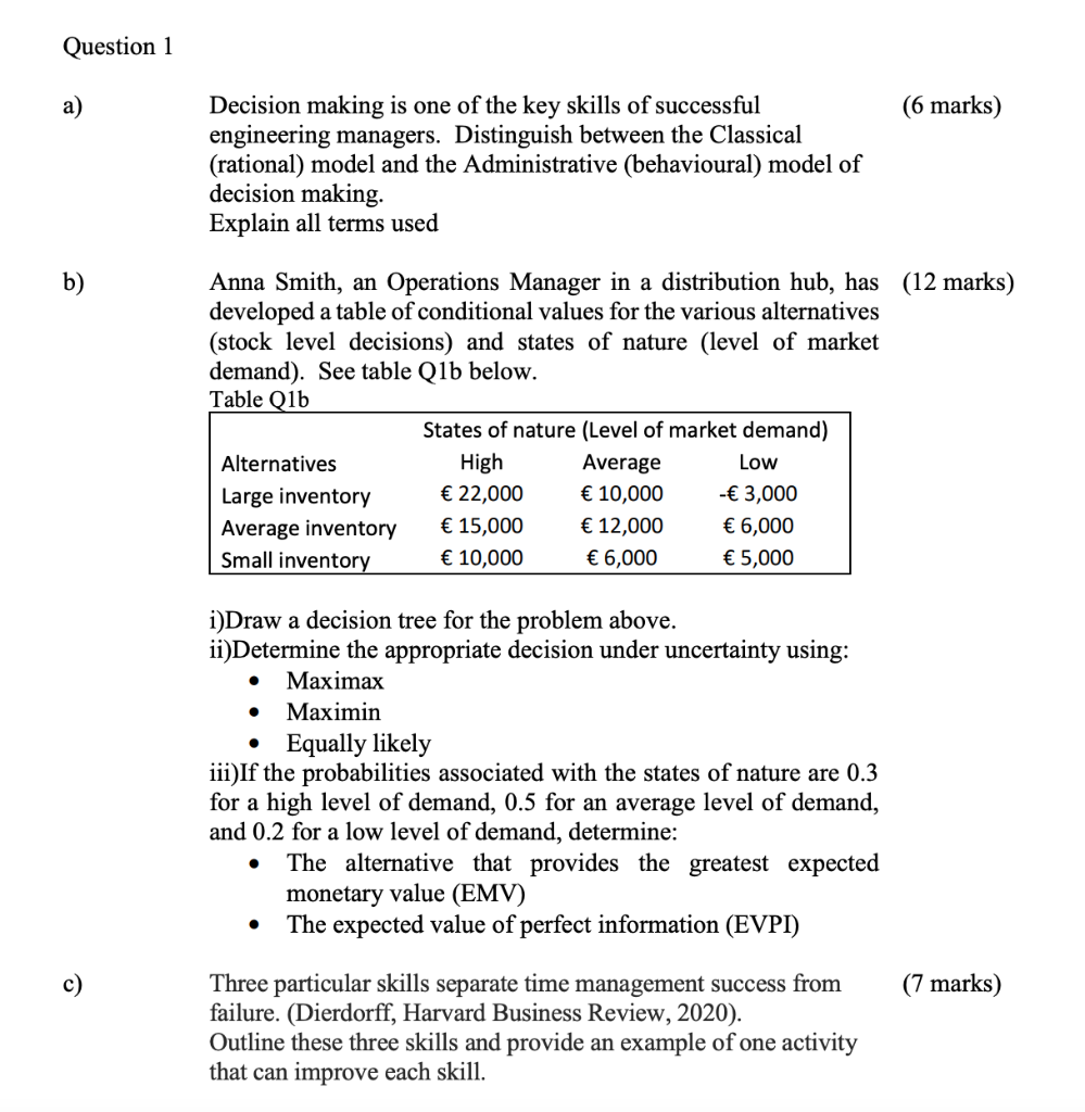 Question 1 Question 1 a) (6 marks) Decision