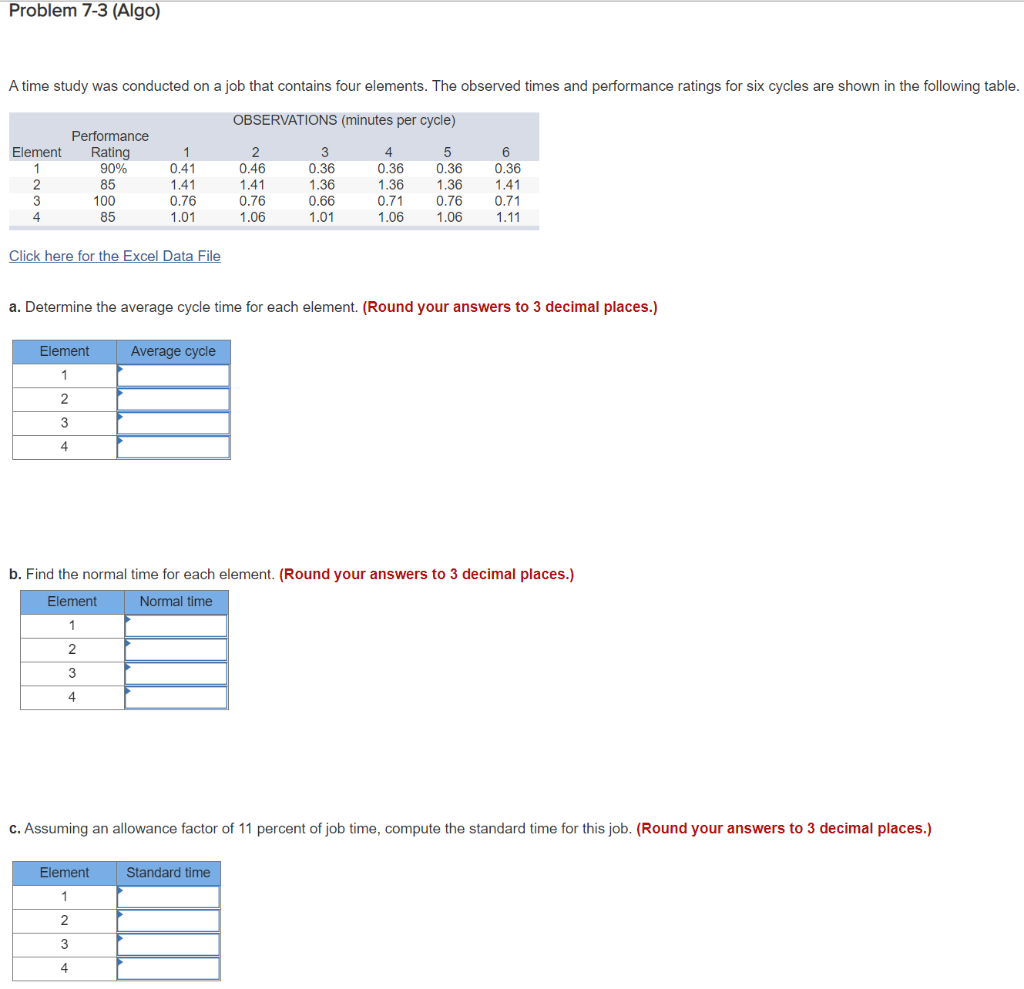 Problem 7-3 (Algo) A time study was conducted on