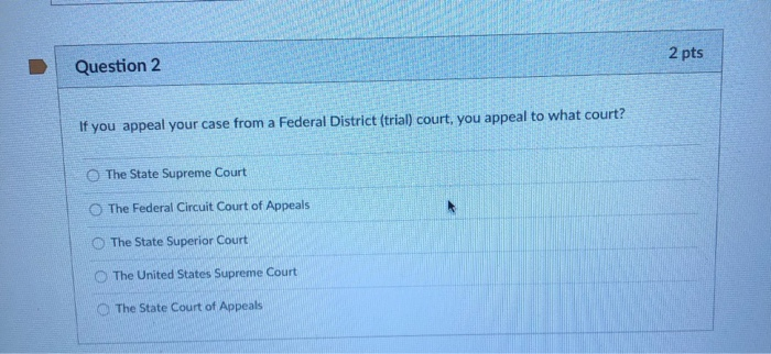 2 pts Question 2 If you appeal your case from a