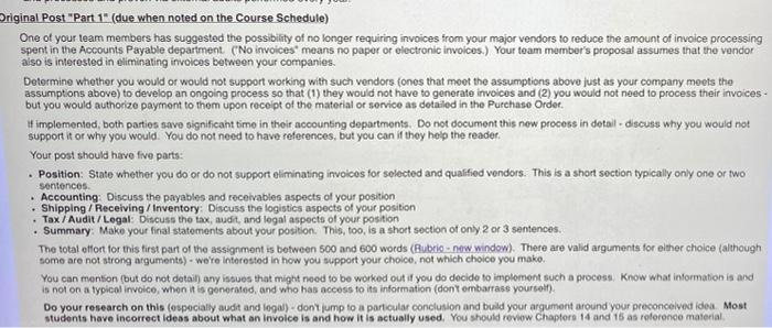 Original Post "Part 1" (due when noted on the