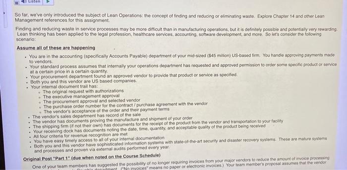 Original Post "Part 1" (due when noted on the