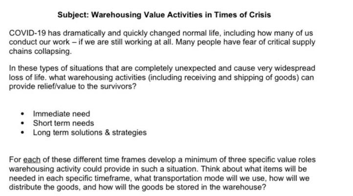 Subject: Warehousing Value Activities in Times of