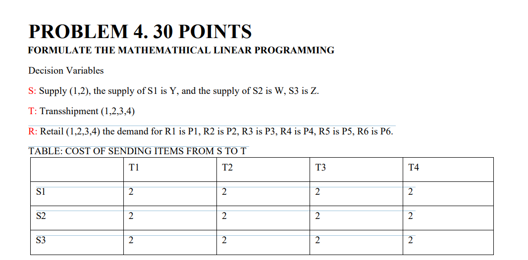 PROBLEM 4. 30 POINTS FORMULATE THE MATHEMATHICAL