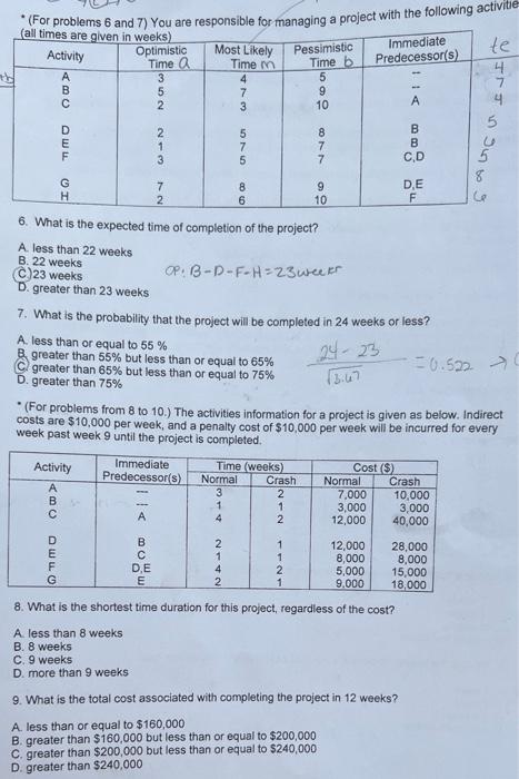 te (For problems 6 and 7) You are responsible for