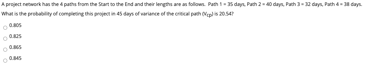 A project network has the 4 paths from the Start