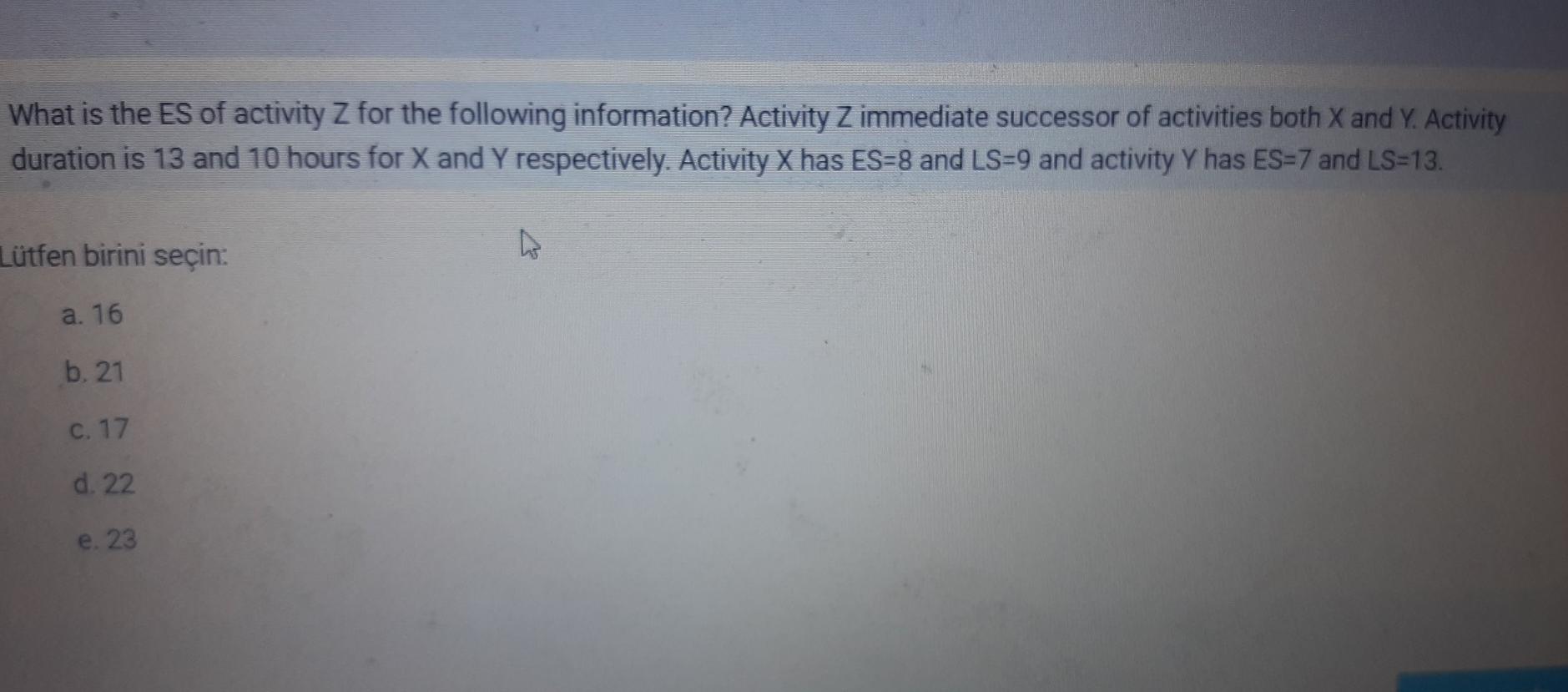 What is the ES of activity Z for the following