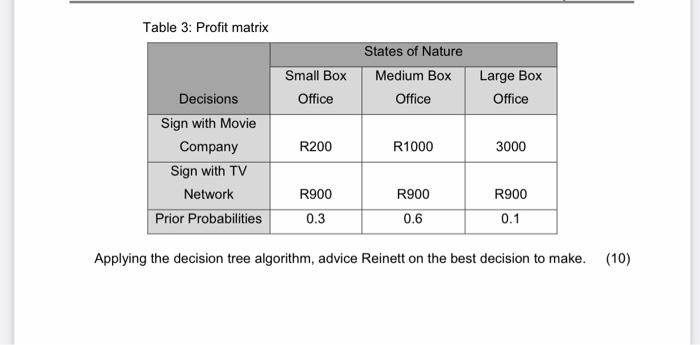 Table 3: Profit matrix Applying the decision tree
