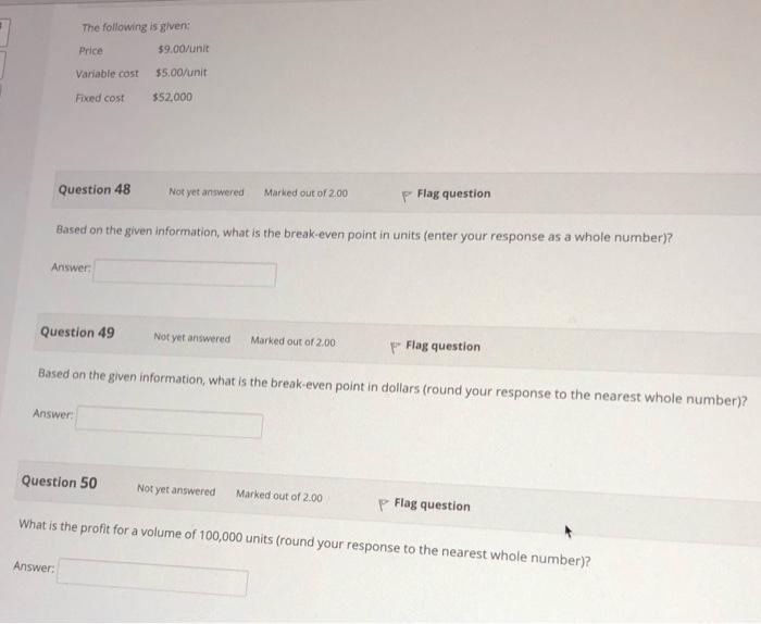 The following is given Price 59.00/unit Variable