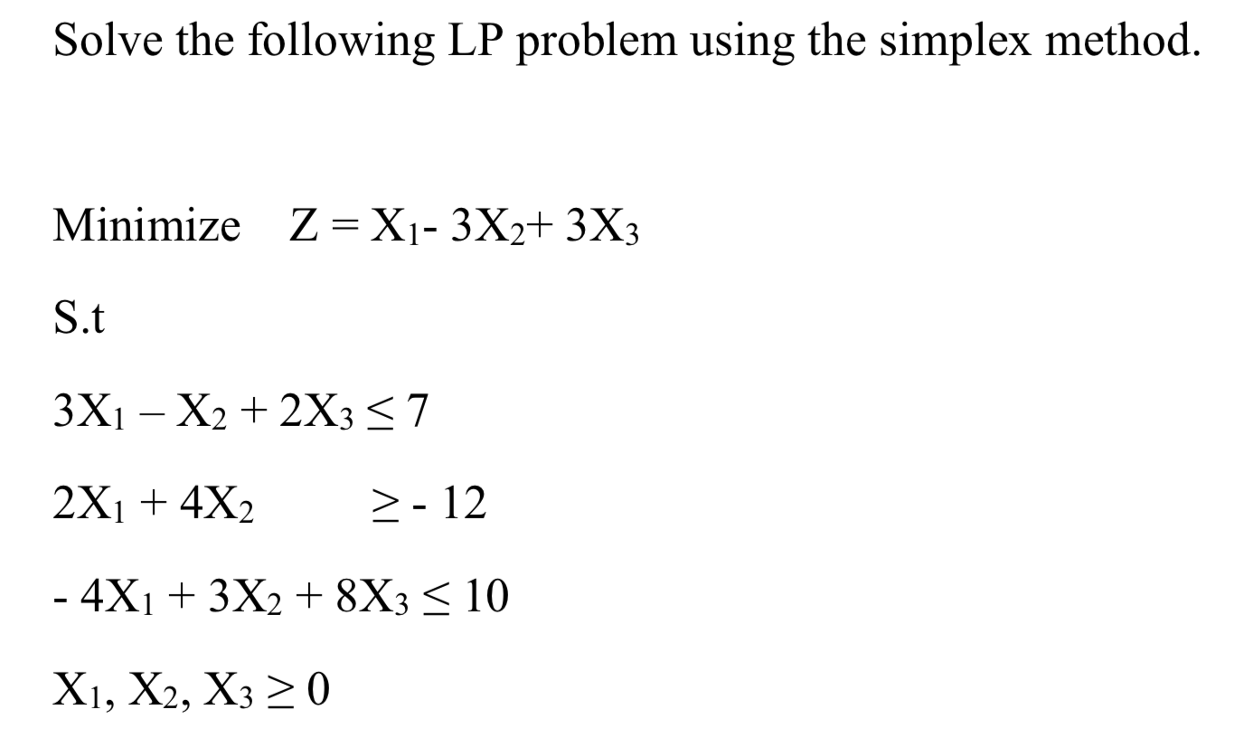 Solve the following LP problem using the simplex