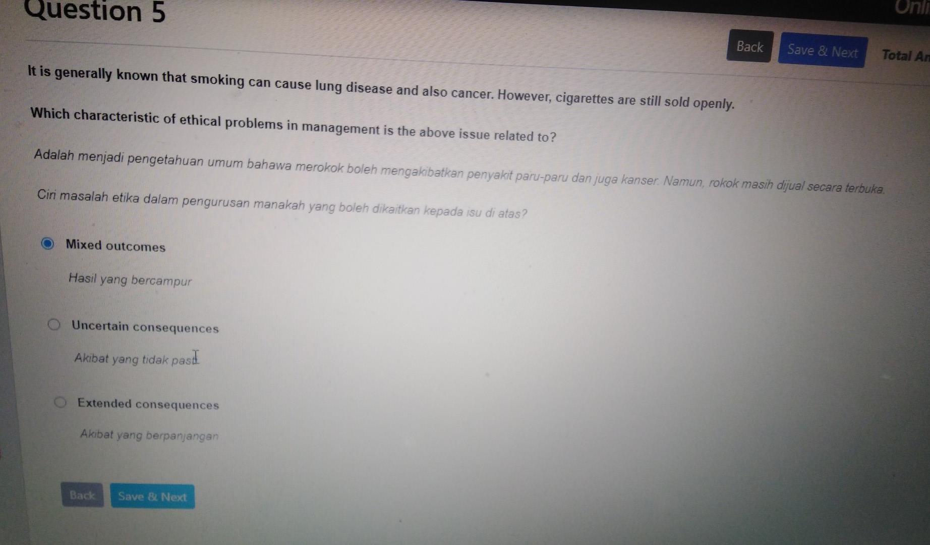Question 5 Onin Back Save & Next Total An It is