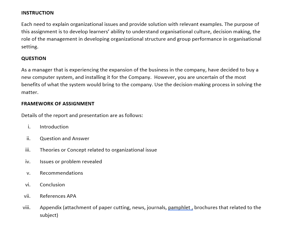 INSTRUCTION Each need to explain organizational