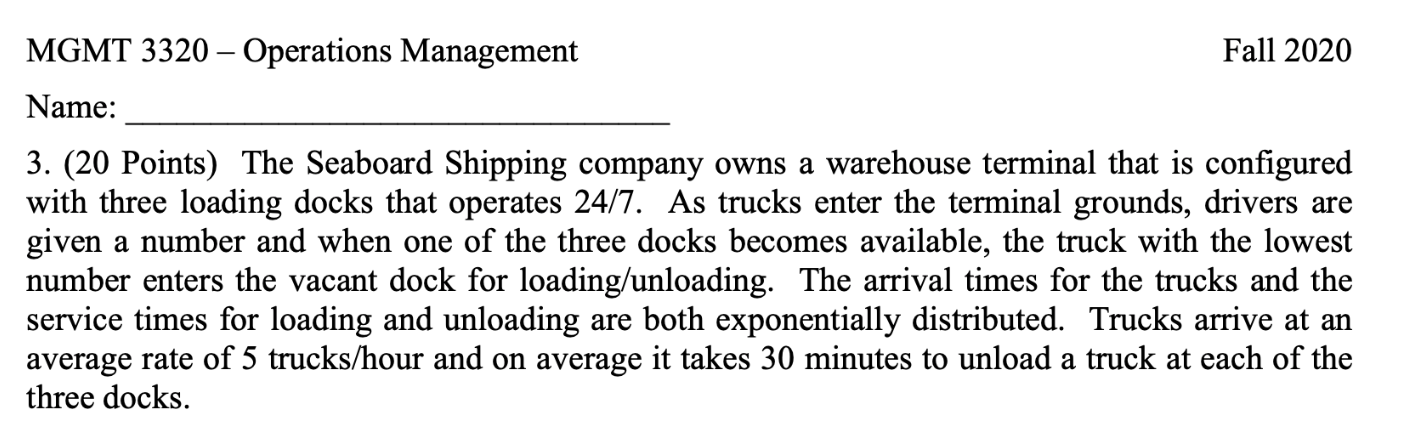MGMT 3320 - Operations Management Fall 2020 Name: