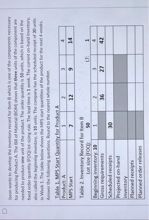 Jason wants to develop the inventory record for
