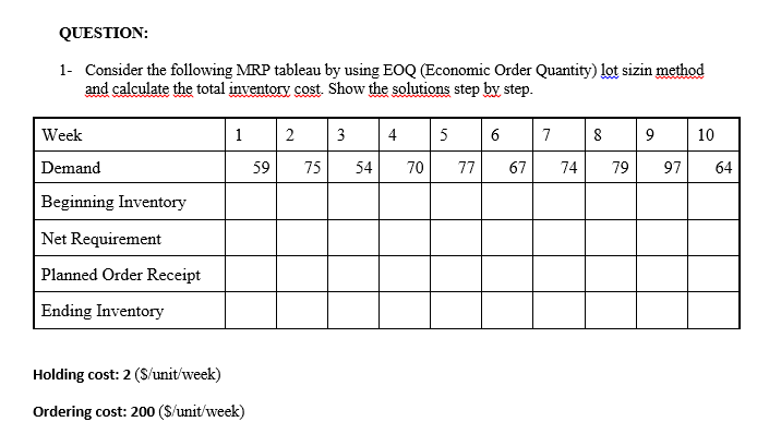 QUESTION: 1- Consider the following MRP tableau
