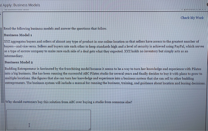 d Apply: Business Models UTVU YM Check My Work