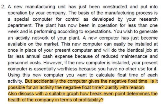 2. A new manufacturing unit has just been