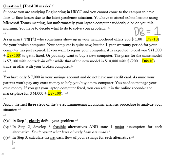 D8=1 D8 = 1 Question 1 [Total 10 marks] Suppose