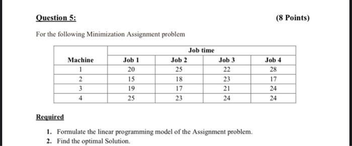 (8 Points) Question 5: For the following