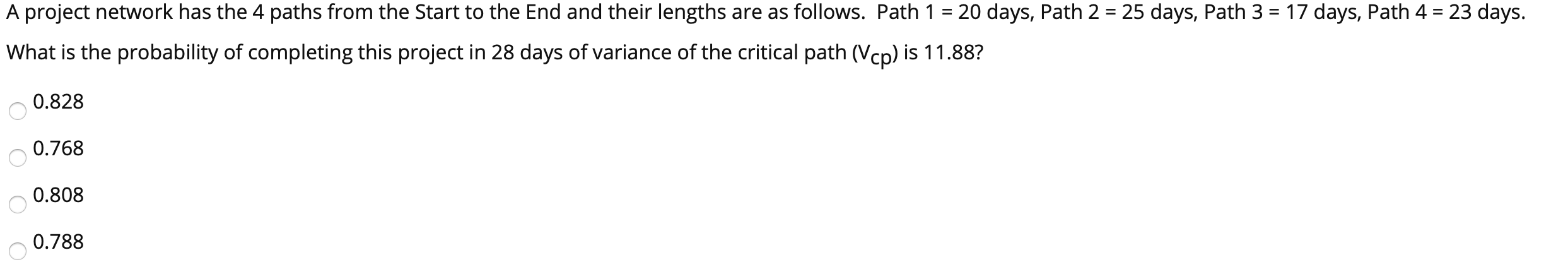 A project network has the 4 paths from the Start