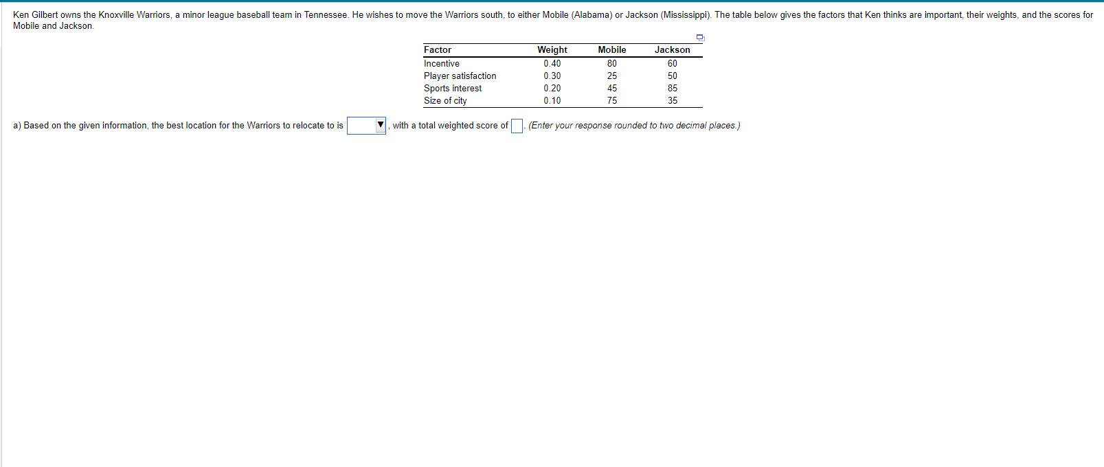 a) Based on the given information, the best