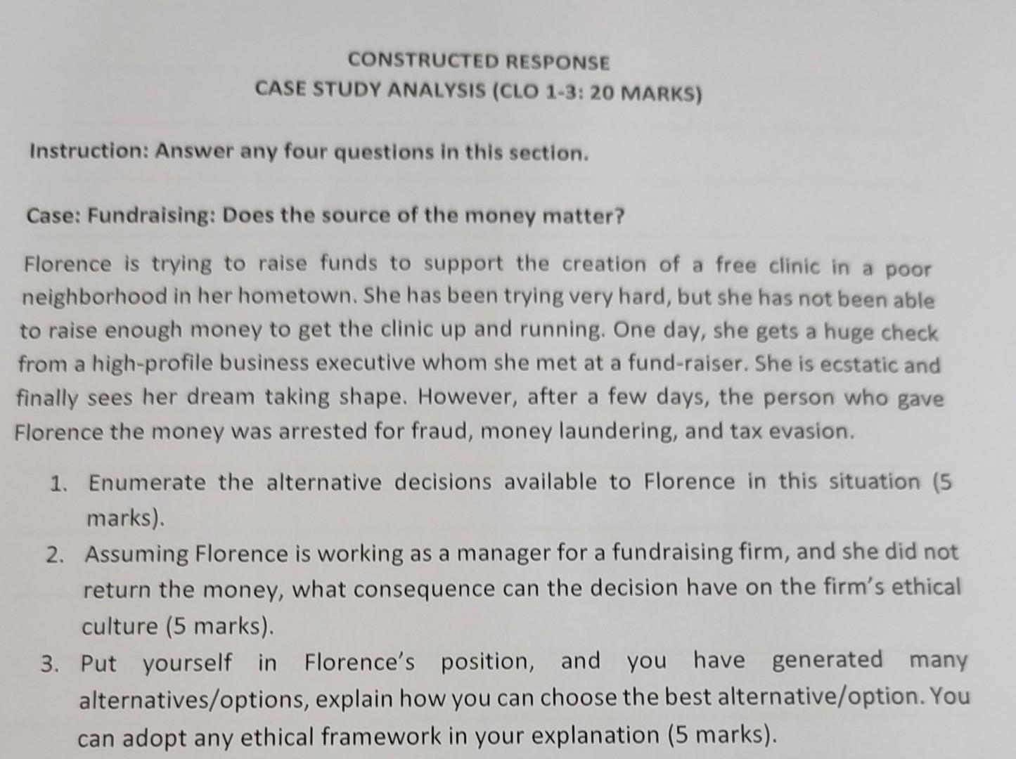 business ethic CONSTRUCTED RESPONSE CASE STUDY