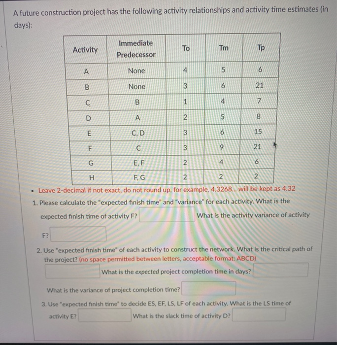 A future construction project has the following