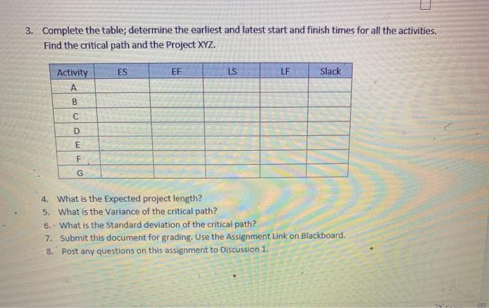 3. Complete the table; determine the earliest and