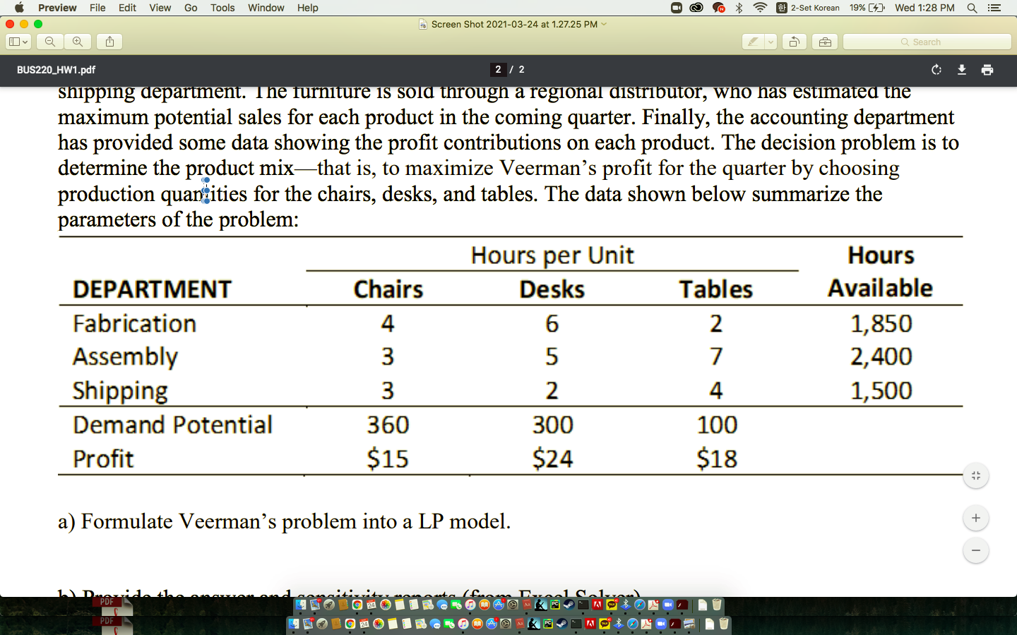 . Veerman Furniture Company makes three kinds of
