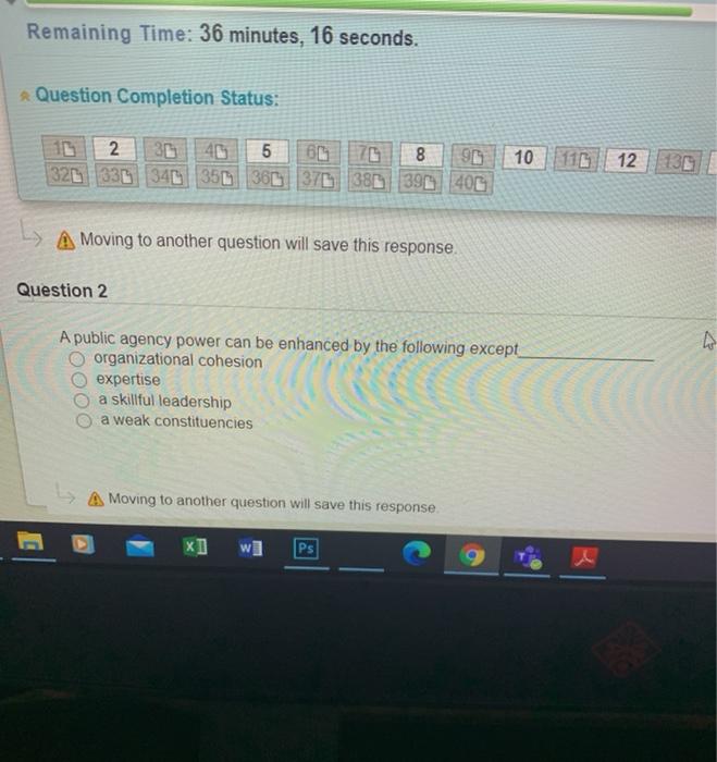 Remaining Time: 36 minutes, 16 seconds. Question