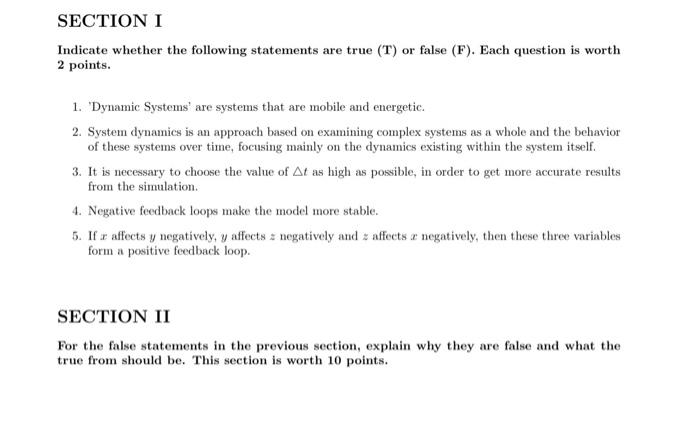 SECTION I Indicate whether the following