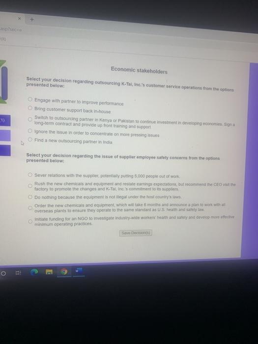 Economic stakeholders Select your decision